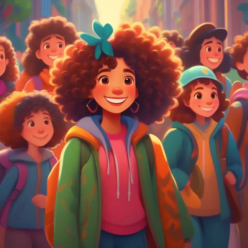 Brave girl with curly hair, vibrant clothing, and a big smile and friends looking ahead, optimistic and ready for more
