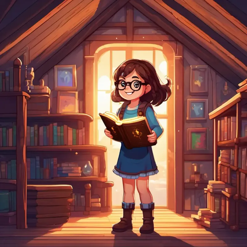 Little girl with brown hair and glasses standing in her attic, holding a magical book. The attic has old furniture and a beam of sunlight shining through a window. Little girl with brown hair and glasses is smiling with excitement.