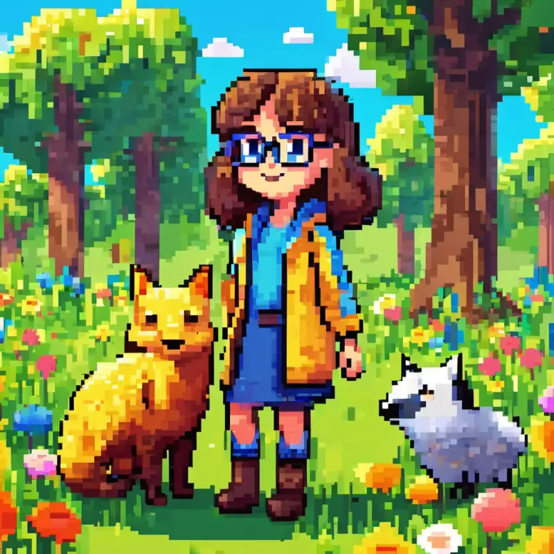Little girl with brown hair and glasses meeting Friendly creature with blue eyes and yellow fur, a friendly creature with blue eyes and yellow fur. They are standing in a colorful meadow filled with trees shaped like letters. Some letters are scattered on the ground.