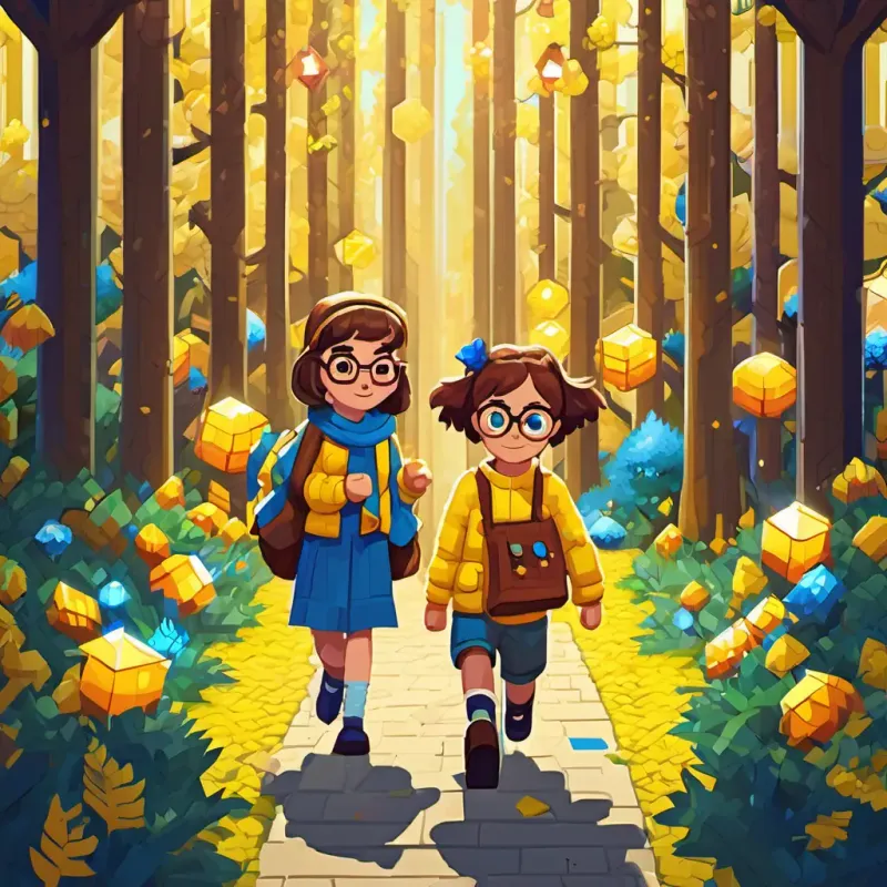 Little girl with brown hair and glasses and Friendly creature with blue eyes and yellow fur walking through a forest of giant letter-shaped trees. They are carrying bags and lanterns, peering into the trees, looking for the letters.
