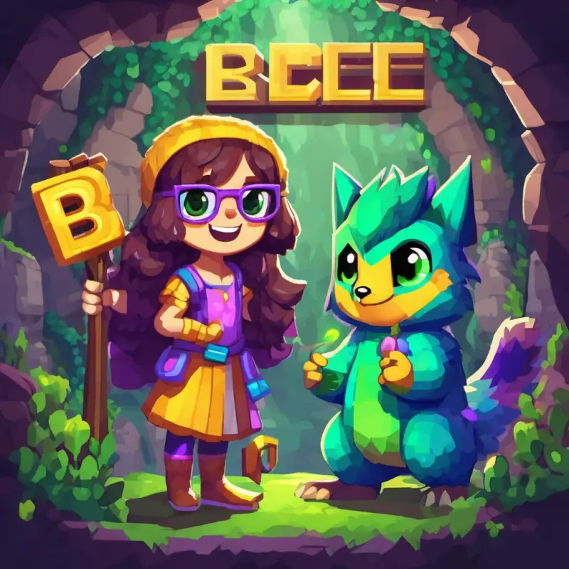 Little girl with brown hair and glasses, Friendly creature with blue eyes and yellow fur, and Mischievous creature with green eyes and purple fur standing outside a dark cave entrance. Mischievous creature with green eyes and purple fur is holding a big letter 'B' in his hand, grinning mischievously.
