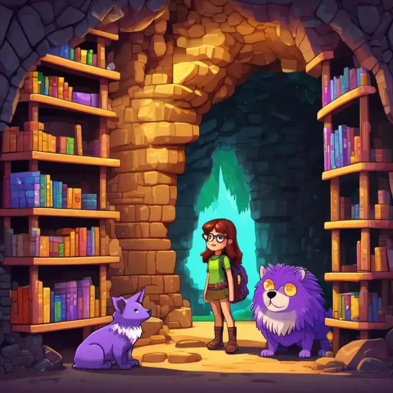 Little girl with brown hair and glasses standing confidently in front of the opened cave entrance, Friendly creature with blue eyes and yellow fur and Mischievous creature with green eyes and purple fur looking amazed. Inside the cave, there are shelves filled with letters of the alphabet.