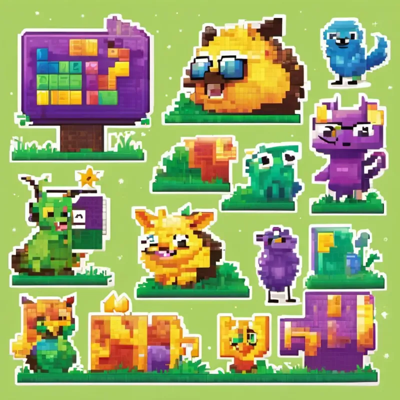 Little girl with brown hair and glasses, Friendly creature with blue eyes and yellow fur, and Mischievous creature with green eyes and purple fur cheerfully placing letters on giant signposts marked with their corresponding letters. The creatures of Alphabetia are celebrating and smiling.