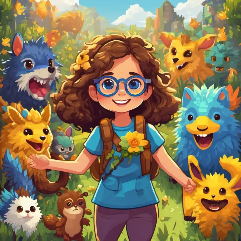 Little girl with brown hair and glasses and Friendly creature with blue eyes and yellow fur surrounded by the creatures of Alphabetia, cheering and smiling. They are holding hands, radiating happiness and pride.