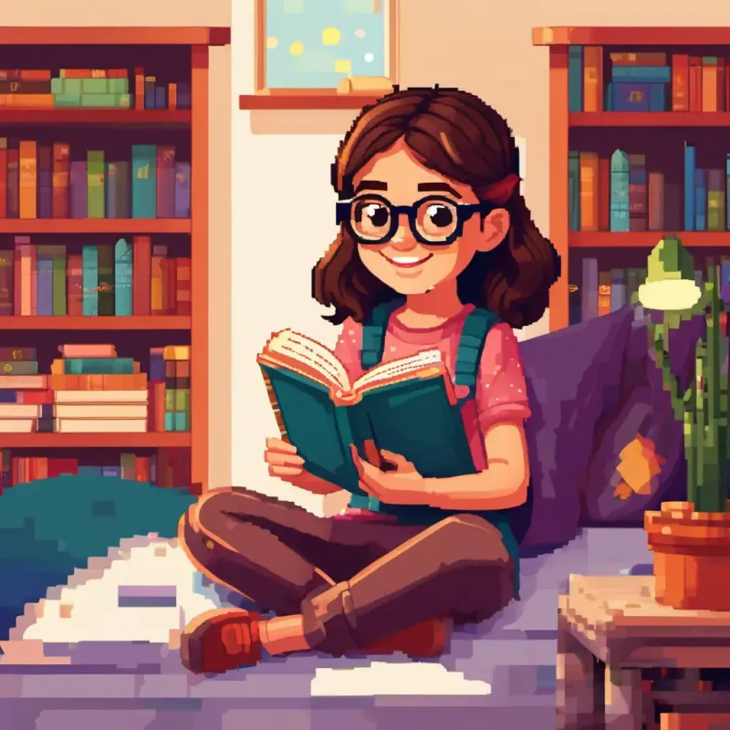 Little girl with brown hair and glasses sitting on her bed, smiling, holding the magical book in her hands. The room is cozy, with a shelf full of books and a poster of the alphabet on the wall.