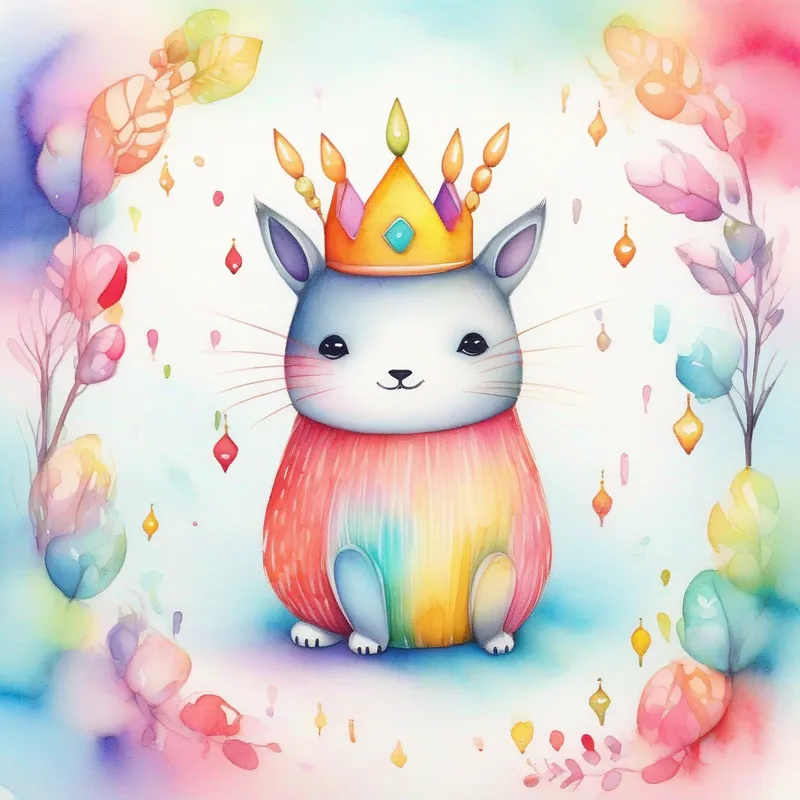 A cute creature wearing a crown, surrounded by colorful nodes., a cute creature wearing a crown, surrounded by colorful nodes.