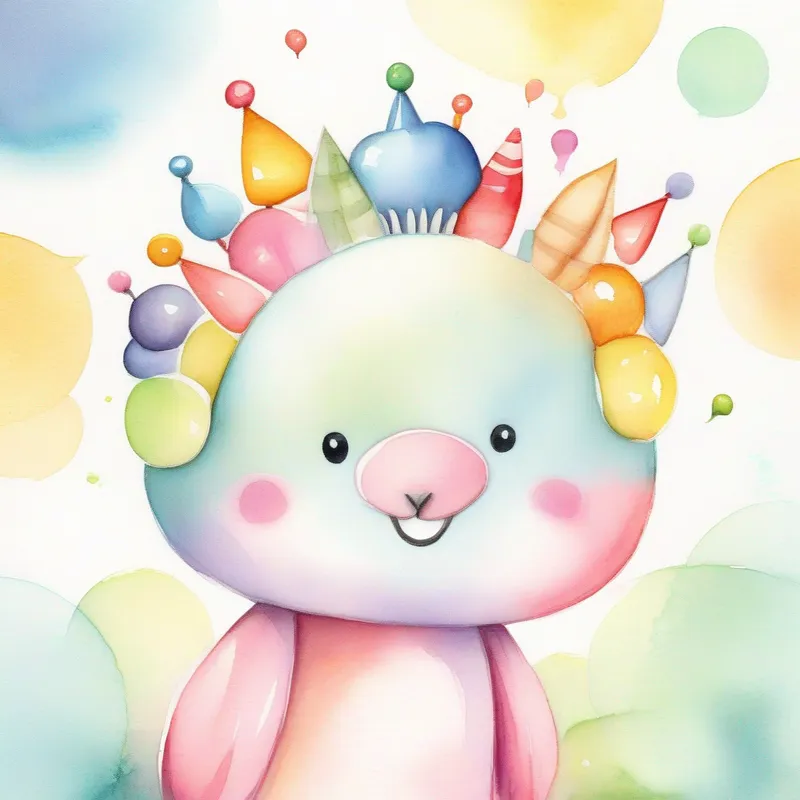 A cute creature wearing a crown, surrounded by colorful nodes. teaching the nodes about listening, with speech bubbles.