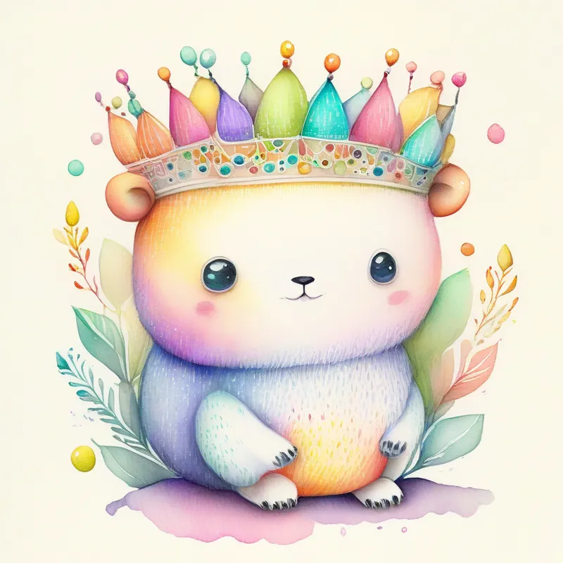 A cute creature wearing a crown, surrounded by colorful nodes. telling a story to the nodes, with nodes nodding and listening attentively.