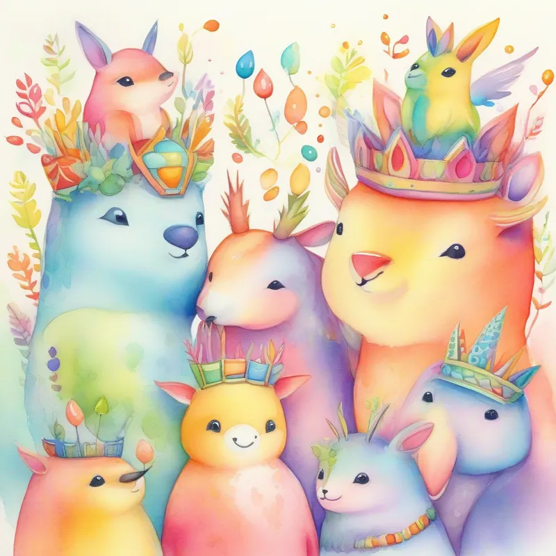 Friendly creatures working together, exchanging information in various colors. showing respect and gratitude towards A cute creature wearing a crown, surrounded by colorful nodes..