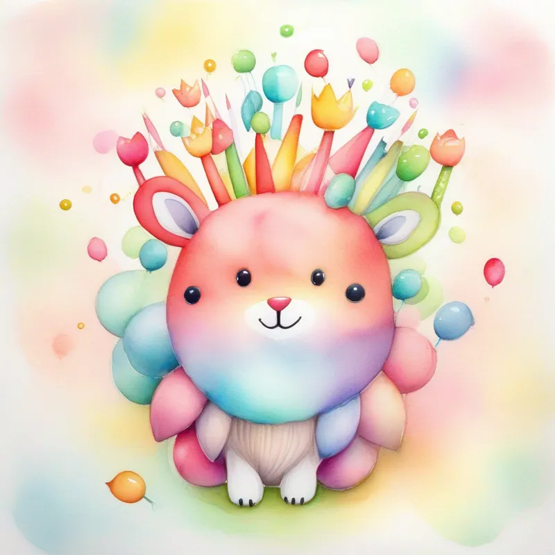 A cute creature wearing a crown, surrounded by colorful nodes. and the nodes living happily together, celebrating their success.