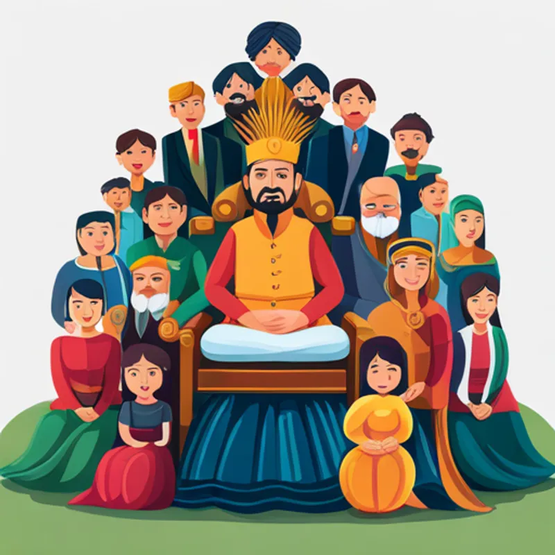 Raja Rajendra Singh sitting on a throne with people around him