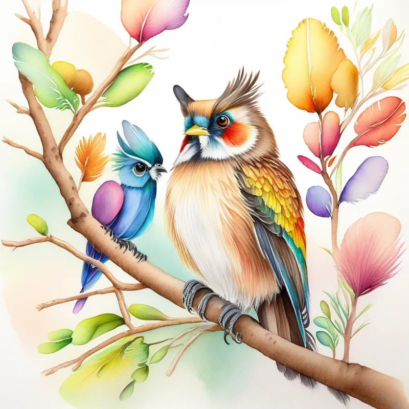 Colorful garden, friendly Friendly Toby, brown fur, wagging tail, talkative Talkative Polly, colorful feathers, perched on a branch