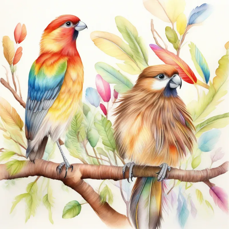 Colorful garden, happy Friendly Toby, brown fur, wagging tail, friendly Talkative Polly, colorful feathers, perched on a branch