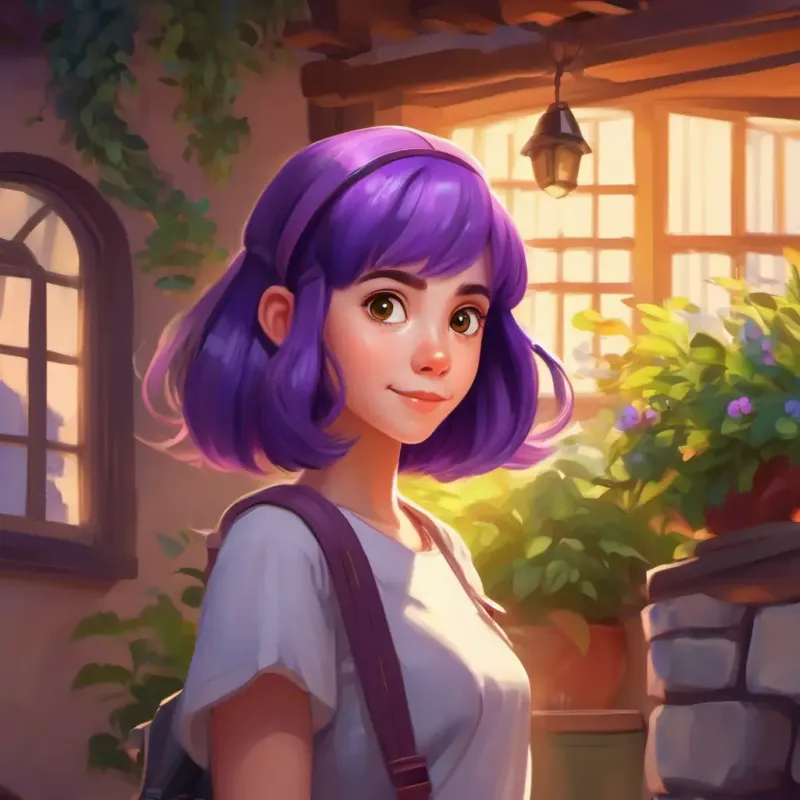 Purple-haired girl, clever eyes, light skin's home, excited to learn