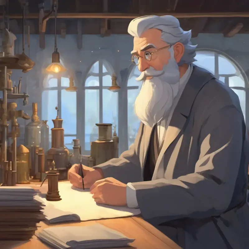 Mentor's lab, Grey-bearded mentor, wise look, very pale is ill