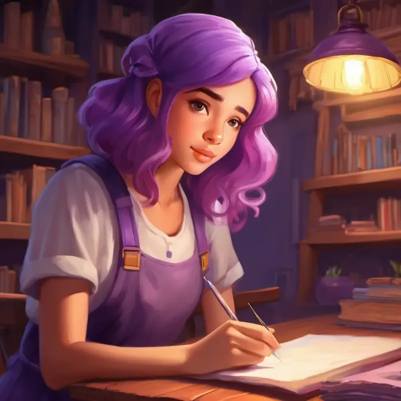 Purple-haired girl, clever eyes, light skin preparing for her journey
