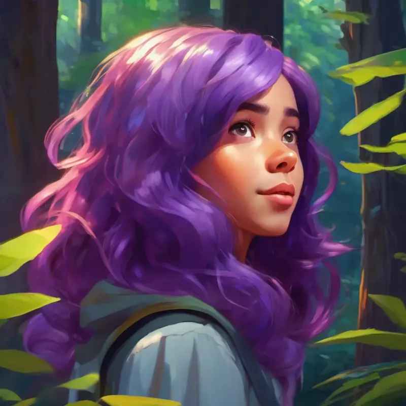 Purple-haired girl, clever eyes, light skin navigates the forest