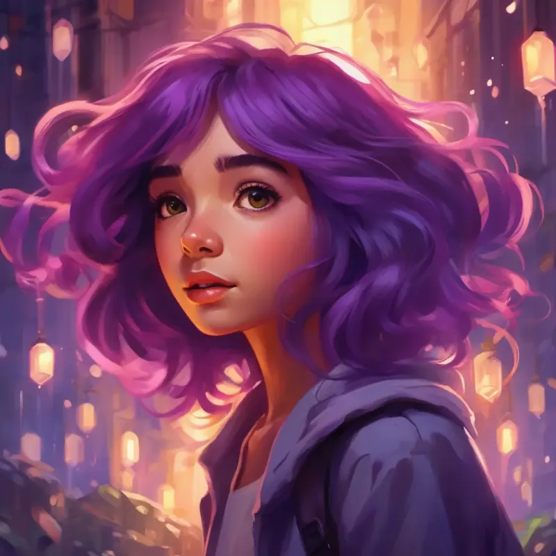 Purple-haired girl, clever eyes, light skin escaping the Sprites