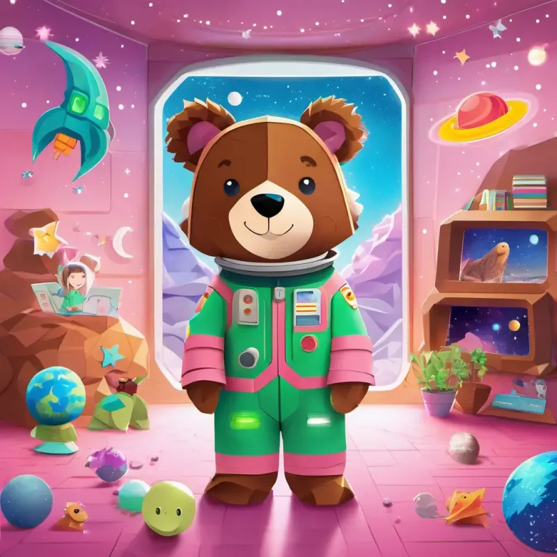Brown hair, green eyes, wearing a pink spacesuit, friendly smile's room, a big spaceship with colorful buttons, Brown hair, green eyes, wearing a pink spacesuit, friendly smile, and Furry brown bear, wearing a little spacesuit, big smile floating in a sparkling scene of stars and planets
