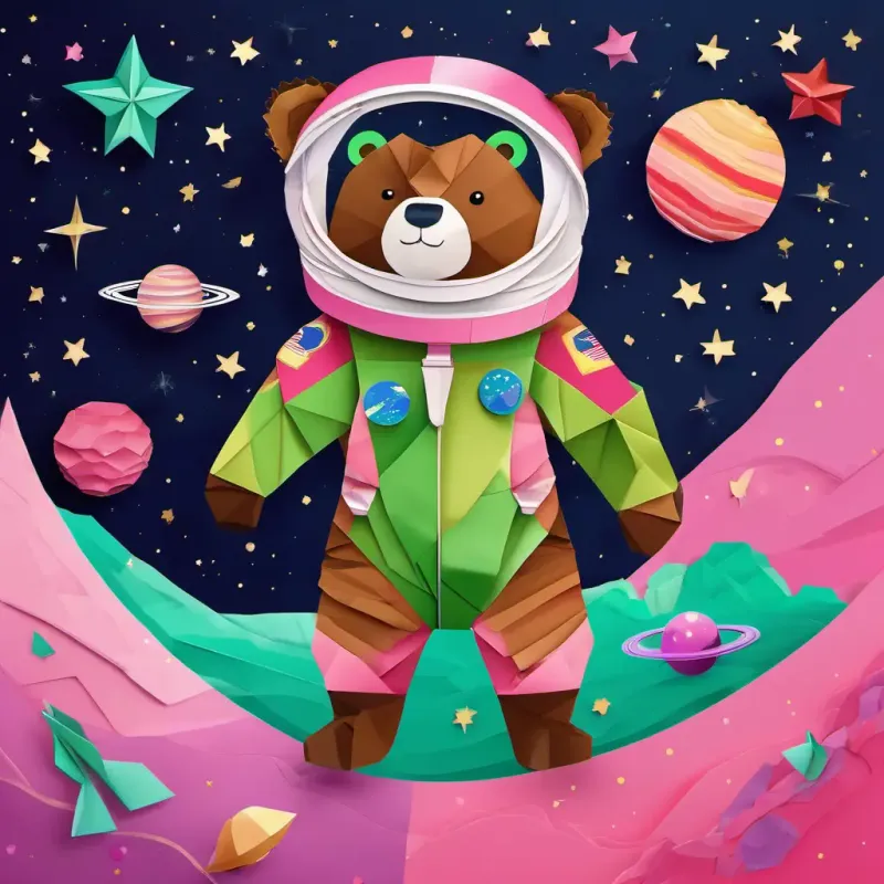 Jupiter, a huge green planet with Brown hair, green eyes, wearing a pink spacesuit, friendly smile and Furry brown bear, wearing a little spacesuit, big smile bouncing and playing, bright stars and swirling moons in the background