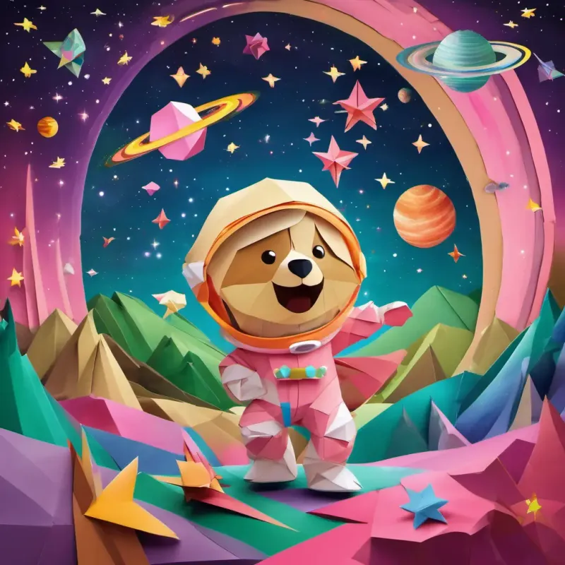 Saturn with its beautiful rings, Brown hair, green eyes, wearing a pink spacesuit, friendly smile and Furry brown bear, wearing a little spacesuit, big smile dancing with aliens, bright stars and colorful creatures filling the scene