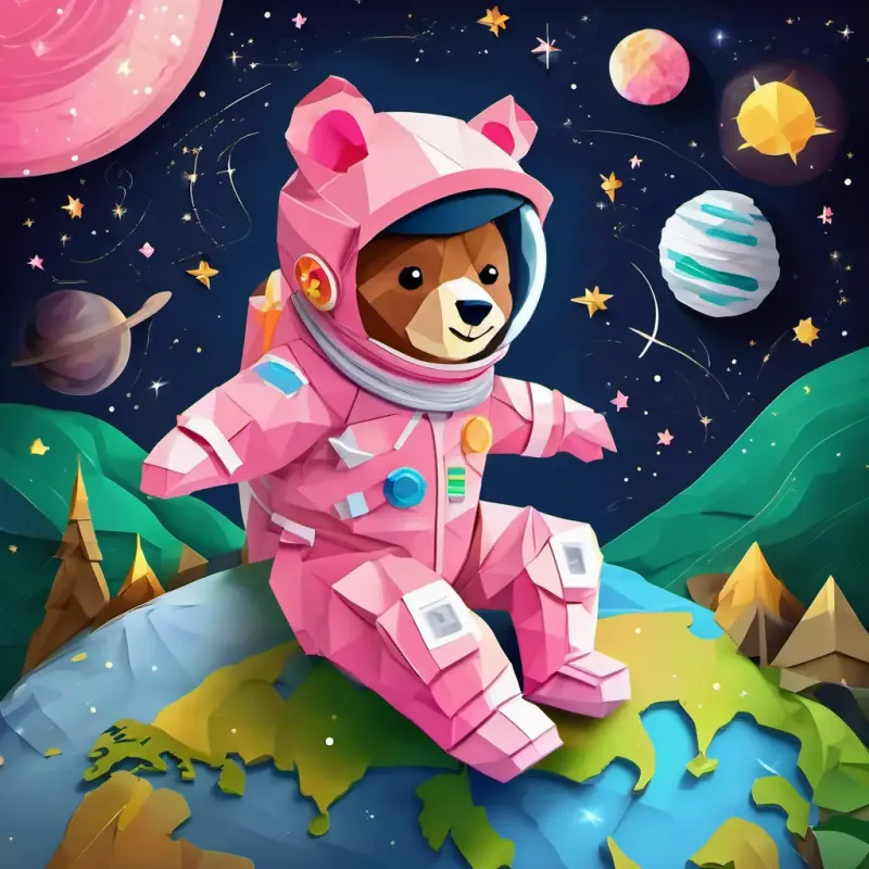 Landing back on Earth, Brown hair, green eyes, wearing a pink spacesuit, friendly smile and Furry brown bear, wearing a little spacesuit, big smile hugging the planet, surrounded by stars and moons, a bright and beautiful scene
