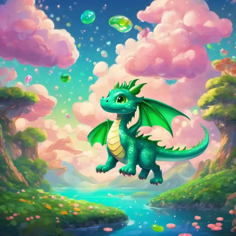 Fizzleton, a colorful land with floating candy clouds, Green with sparkly scales, shiny eyes, small with a squeaky voice the baby dragon with green sparkly scales
