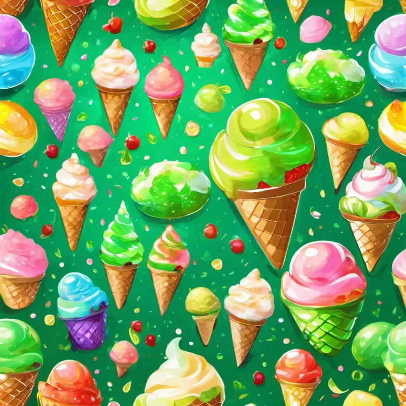 Green with sparkly scales, shiny eyes, small with a squeaky voice hopping with joy, eyes twinkling as he gazes at rows of colorful ice cream flavors