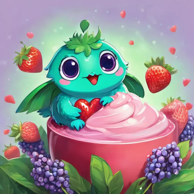 Green with sparkly scales, shiny eyes, small with a squeaky voice trying strawberry ice cream, then blueberry, dancing and eating lavender, chirping and munching on cherry, tummy full and heart happy