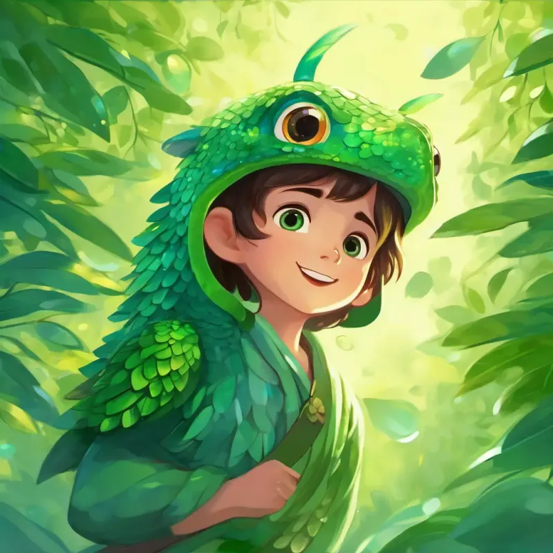 Green with sparkly scales, shiny eyes, small with a squeaky voice waving goodbye, feeling sleepy and content, flying back home with a smile, humming and dreaming