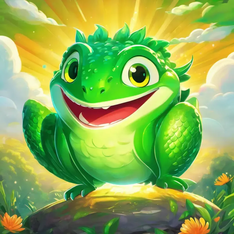 Green with sparkly scales, shiny eyes, small with a squeaky voice planning his next visit, sunshine beaming, smiling with anticipation, feeling joyful and triumphant