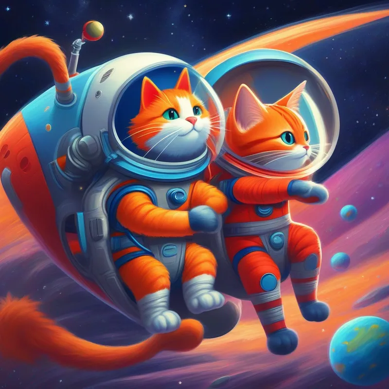 Curious orange cat with a blue spacesuit and Playful gray cat with a red spacesuit in a rocket ship, colorful alien creatures