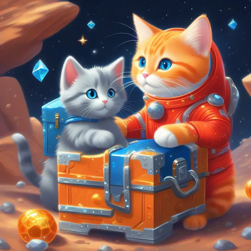 Curious orange cat with a blue spacesuit and Playful gray cat with a red spacesuit with a treasure chest, sparkling crystals