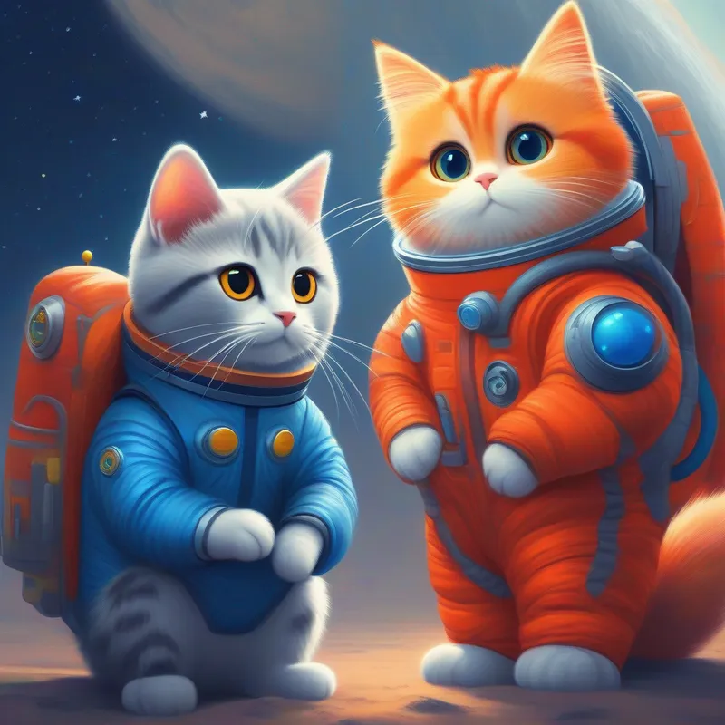 Curious orange cat with a blue spacesuit and Playful gray cat with a red spacesuit with an owl, foggy planet