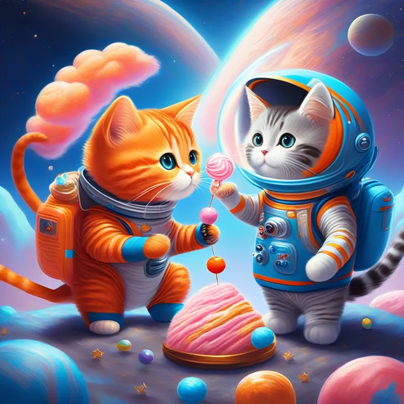 Curious orange cat with a blue spacesuit and Playful gray cat with a red spacesuit eating chocolate and cotton candy, candy planet