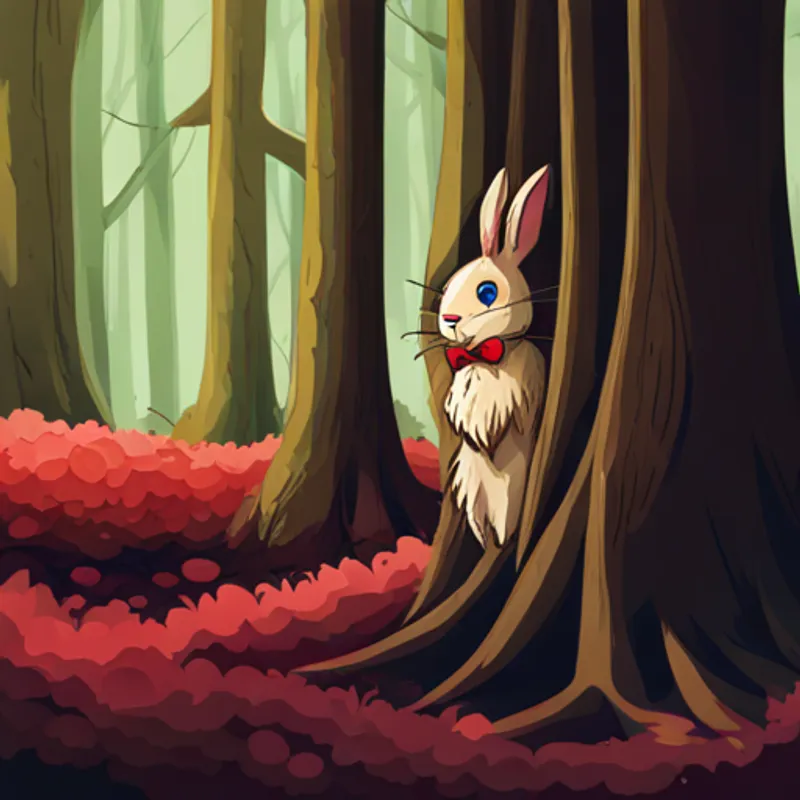 A little bunny with floppy ears, brown fur, and a red bowtie hiding behind a tree, looking scared