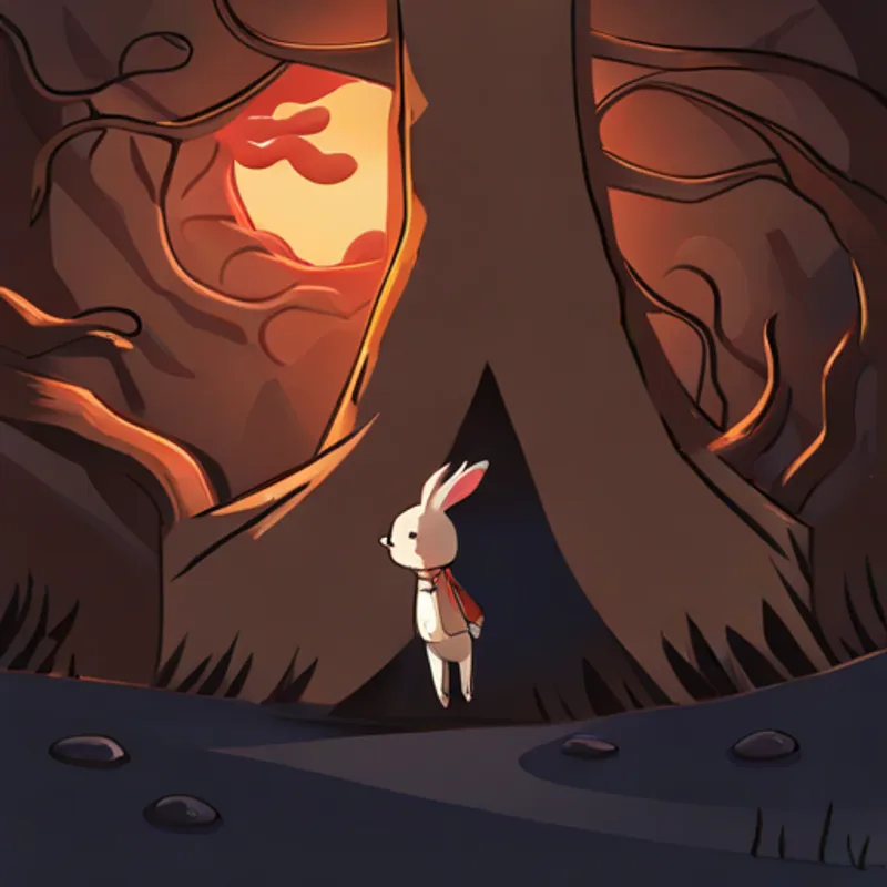 A little bunny with floppy ears, brown fur, and a red bowtie covering his ears, looking up at a tall tree, and jumping scared at his shadow