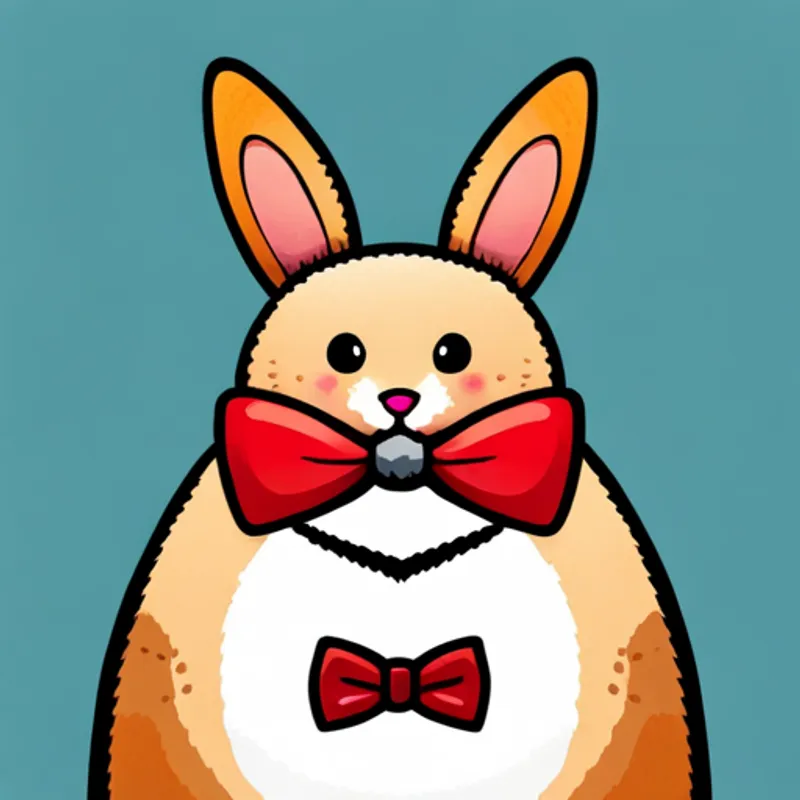 A little bunny with floppy ears, brown fur, and a red bowtie with a determined look on his face