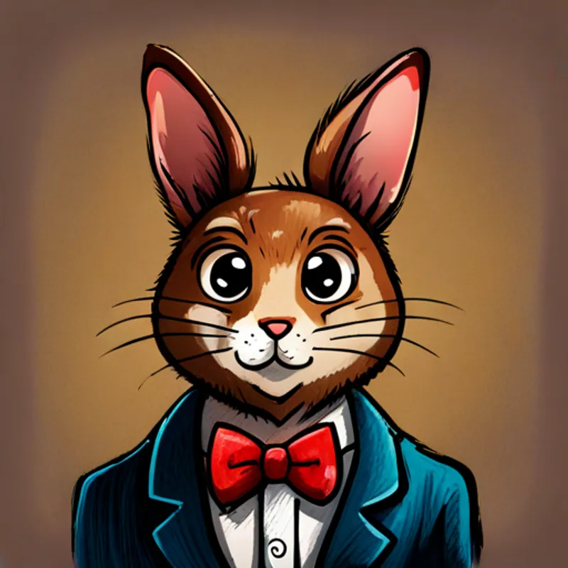 A little bunny with floppy ears, brown fur, and a red bowtie with a confident smile