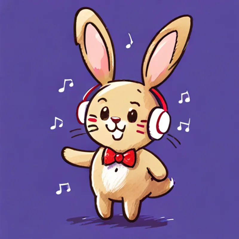 A little bunny with floppy ears, brown fur, and a red bowtie wearing headphones and dancing to music