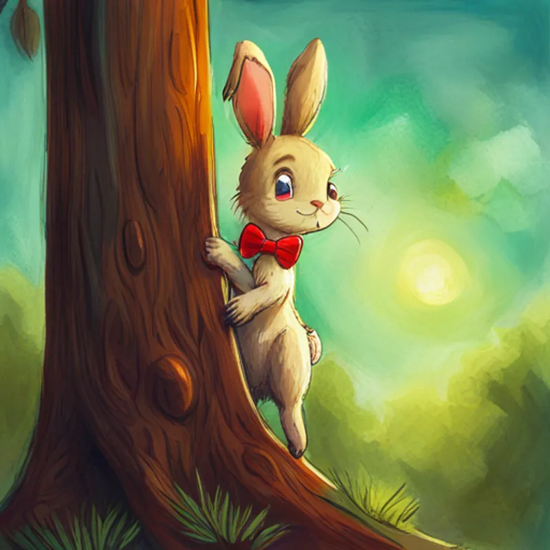 A little bunny with floppy ears, brown fur, and a red bowtie climbing a small tree, looking proud