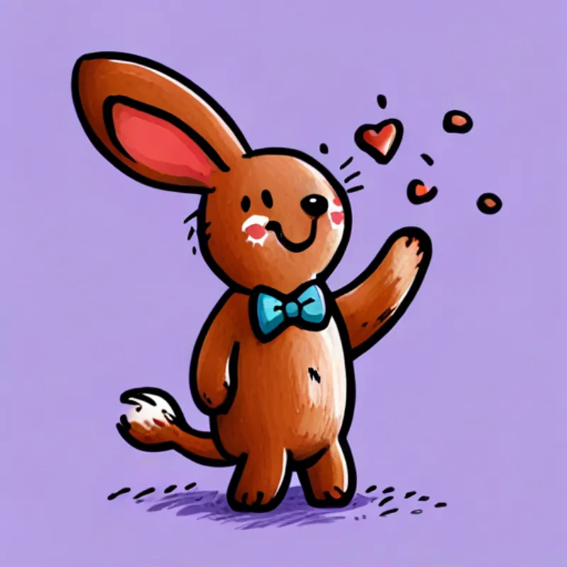 A little bunny with floppy ears, brown fur, and a red bowtie laughing and playing with his shadow
