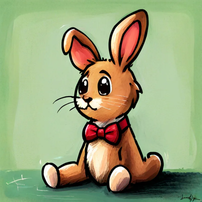 A little bunny with floppy ears, brown fur, and a red bowtie sitting down, looking thoughtful