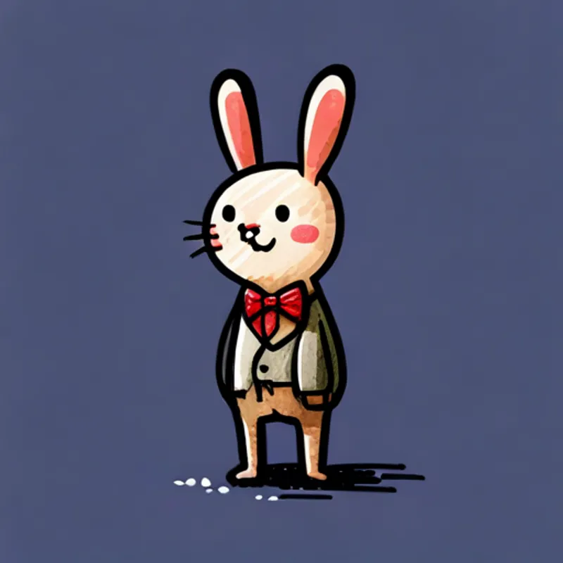 A little bunny with floppy ears, brown fur, and a red bowtie standing tall with a brave smile