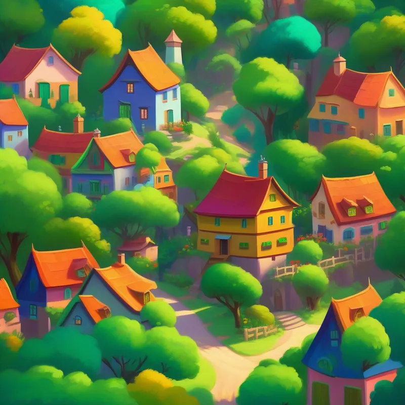 A cozy village with colorful houses and green trees.