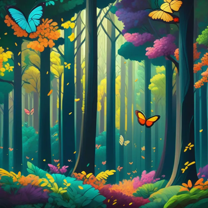 A dense forest with tall trees and colorful butterflies.