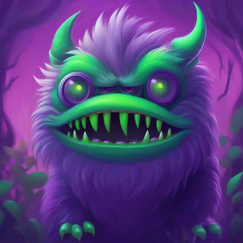 A scary monster in shades of purple, green, and gray.