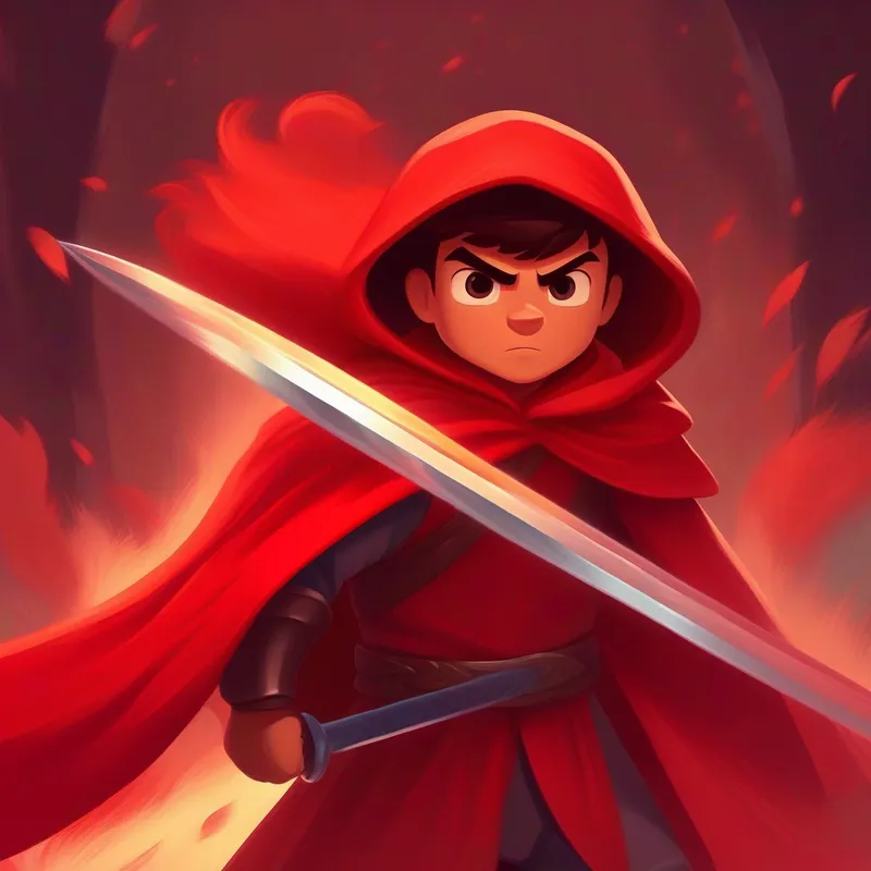 Brave Brave Ali wears a red cape and wields a shiny sword. with a red cape, determined and ready to fight.