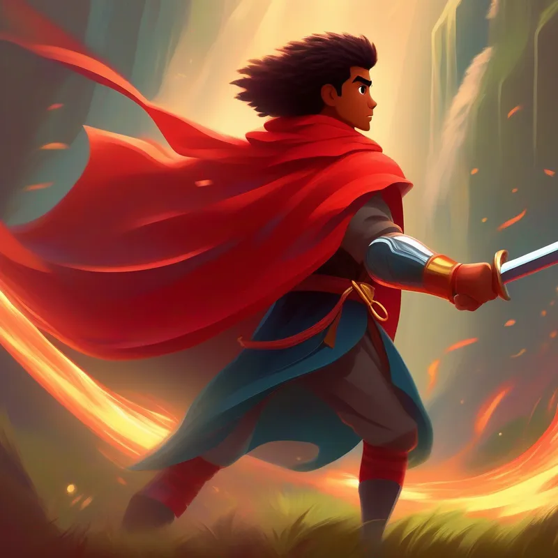 Brave Ali wears a red cape and wields a shiny sword. wielding a shiny sword, swinging it with power.