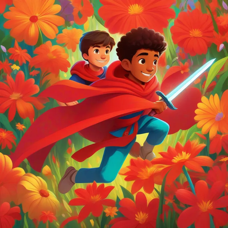 Brave Ali wears a red cape and wields a shiny sword. and Sammy is Ali's adventurous and brave son. smiling, surrounded by vibrant flowers.